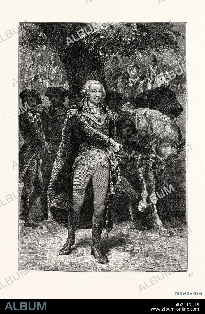 WASHINGTON TAKING COMMAND. JOHN S. DAVIS. George Washington (1732–1799), military general and first President of the United States of America, USA.