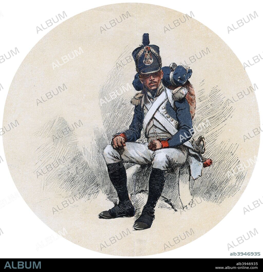 A voltigeur, 19th century. The voltigeurs were a picked company of irregular riflemen in each regiment of the French infantry.