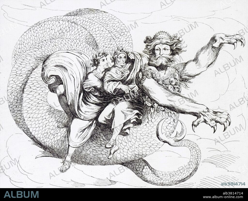 Virgil and Dante sitting on the back of Geryon, being transported from the 8th to the 7th circle of Hell in Dante's Divine Comedy. Illustration from 1825 by Bartolomeo Pinelli. Dante Alighieri (1265 - 1321) was an Italian poet and moral philosopher best known for the epic poem The Divine Comedy. On the surface, the poem describes Dante's travels through Hell, Purgatory, and Paradise, but at a deeper level, it represents, allegorically, the Christian soul's journey towards God.