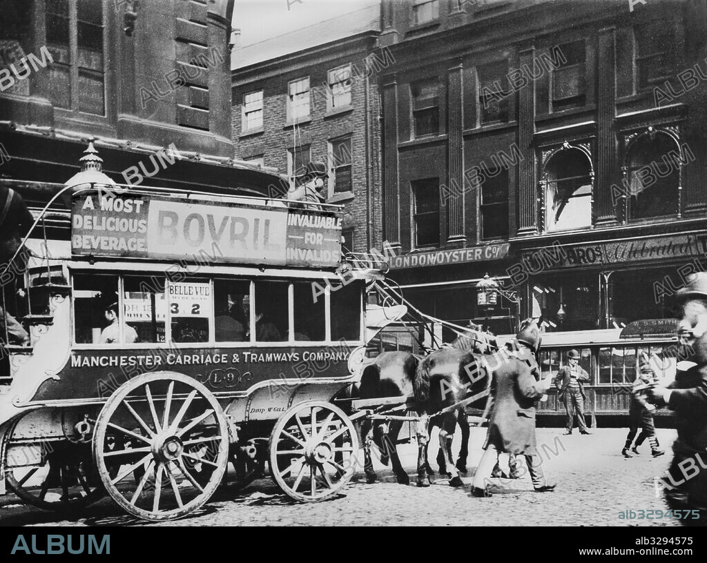 A Horse Drawn Bus With A Bovril Advertisment on Its Side. Manchester, c1895.