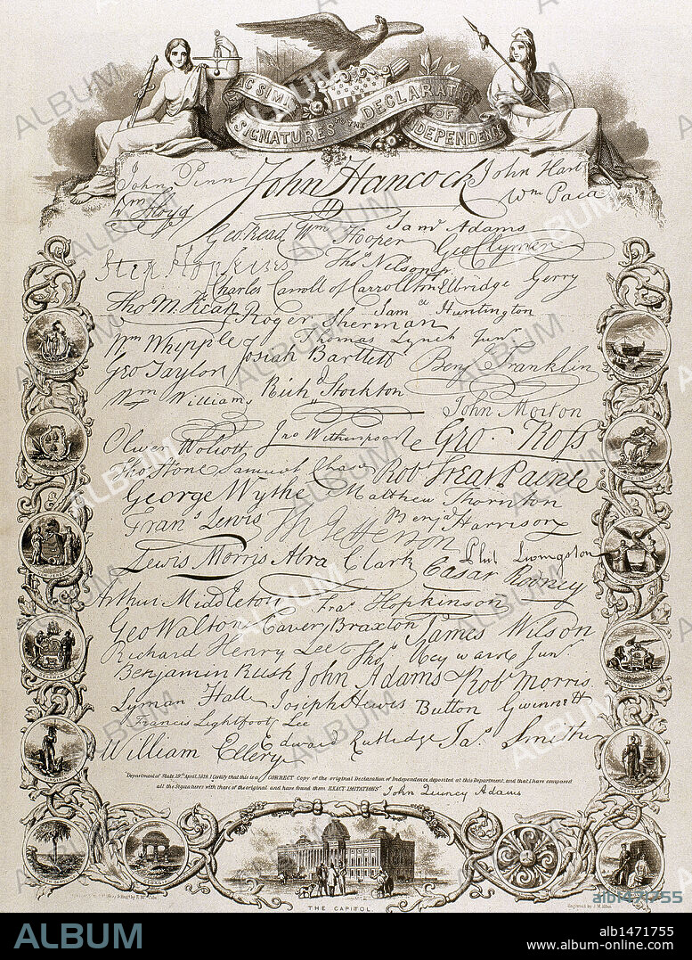 HISTORIA DE NORTEAMERICA. S. XVIII. "GUERRA DE LA INDEPENDENCIA AMERICANA" (1775-1783). Facsímil de la DECLARACION DE INDEPENDENCIA.