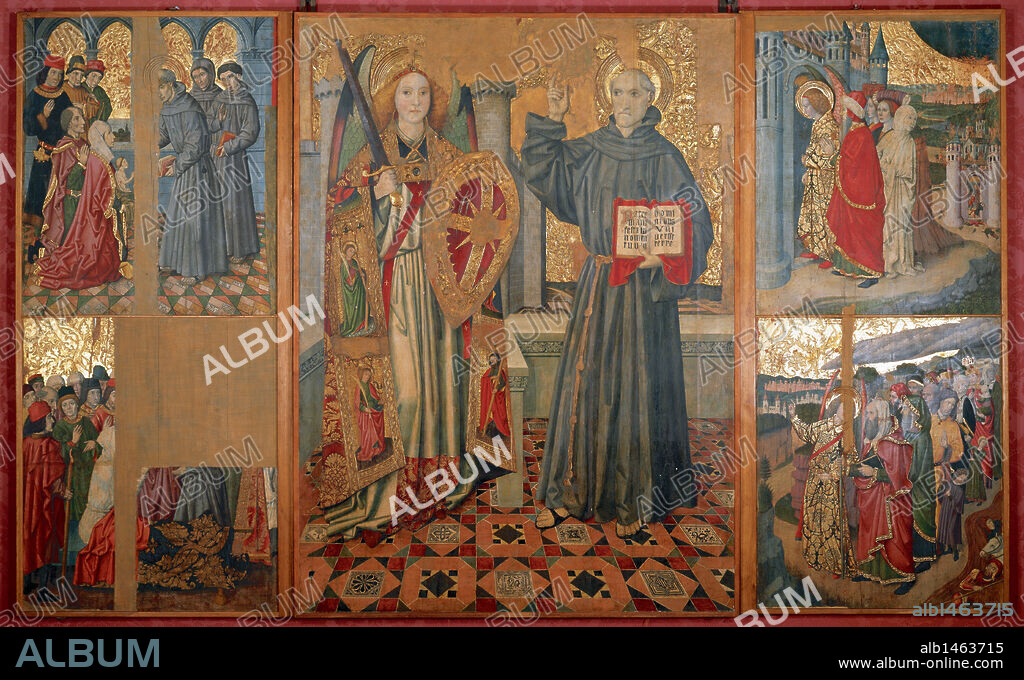 ARTE GOTICO. ESPAÑA. S. XV. JAUME HUGUET (1414-1492). Pintor catalán. "RETABLO DE SAN BERNARDINO Y EL ANGEL CUSTODIO" (1462-1475). En el centro, ambas figuras. A la izq., escenas de la vida del santo; a la dcha., el ángel guiando al pueblo hebreo. Museo de la Catedral de Barcelona. Cataluña.