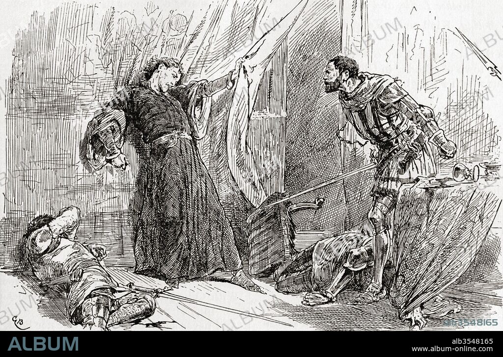 A scene from William Shakespeare's play King Richard II, Act V, scene 5. King Richard: "Exton, thy fierce hand hath with the king's blood stain'd the king's own land." Illustration by Gordon Browne. From The Works of William Shakespeare, published 1896.