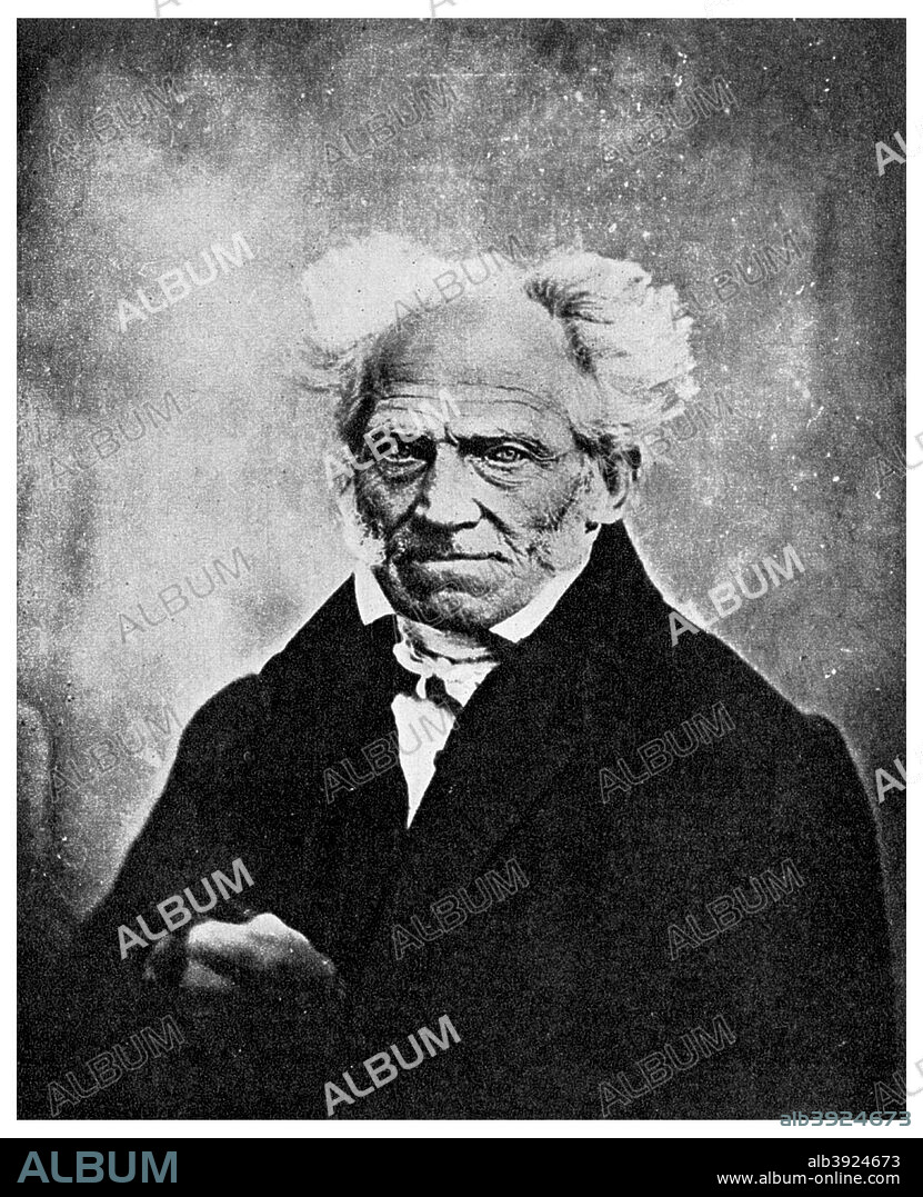 Nihilism: Arthur Schopenhauer, German philosopher, 19th century (1956). In his most important work, The World as Will and Representation, Schopenhauer (1788-1860) proposed that man's emotional, physical and sexual desires can never be fulfilled, and advocated a lifestyle negating these basic desires. From the Schopenhauer Archives. A print from Ideas, a volume about the origin and early history of many things, common and less common, essential and inessential, by Readers Union, the Grosvenor Press, London, 1956.
