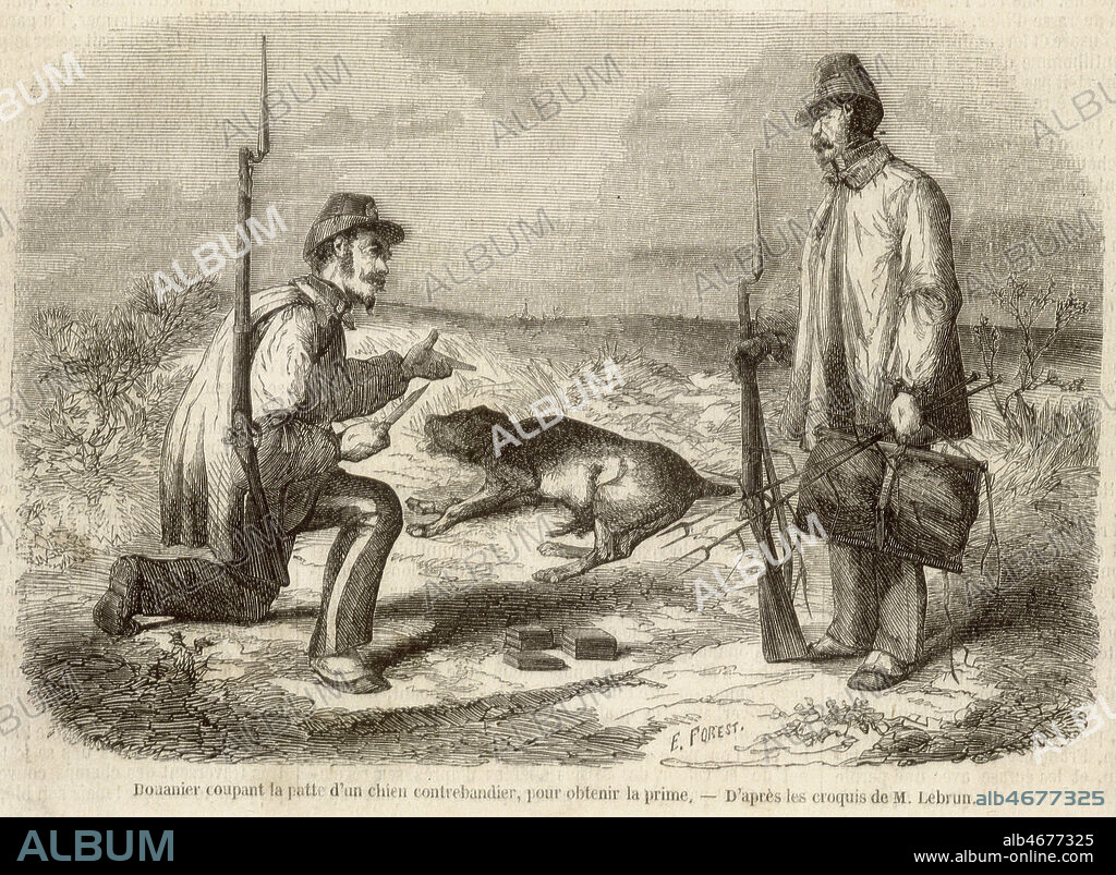 'Douanier coupant la patte d'un chien contrebandier pour obtenir la prime'. Gravure d'apres LEBRUN in. L'Illustration du 12/04/1856. Credit : Collection KHARBINE-TAPABOR.