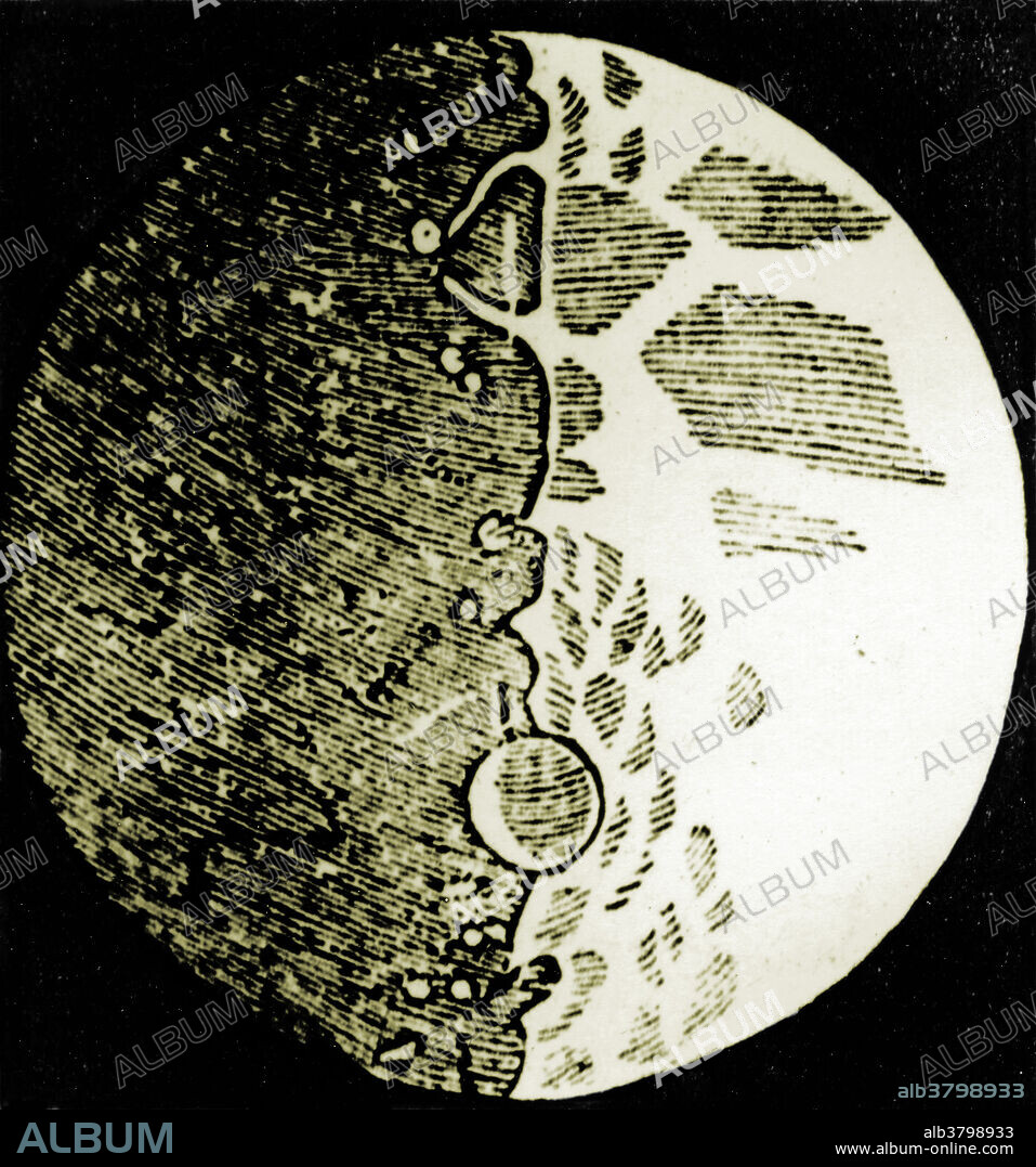 One of the first drawings ever made of the moon, by Galileo, 1610. Color enhancement of 9a6817.