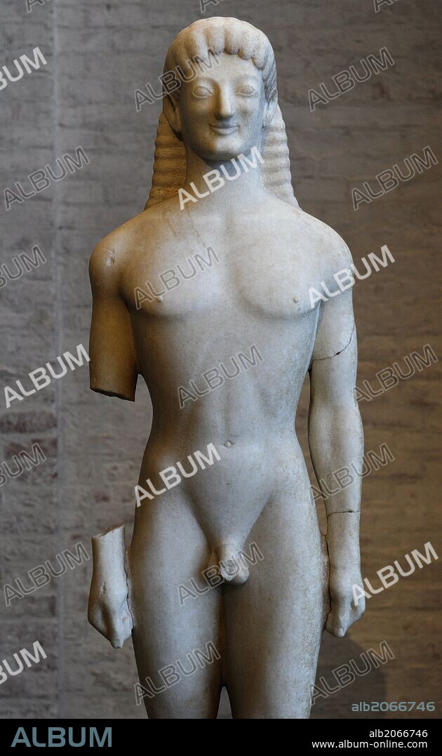 Greek art. Archaic style. Apollo of Tenea. About 560 BC. Statue of a youth. Glyptothek. Munich. Germany.