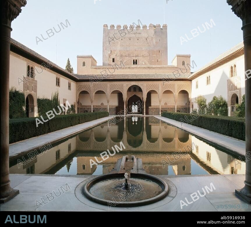 The Court of the Myrtles. The only garden of classical Islam to have survived practically intact. The Comares Tower is reflected in the pool. The Alhambra Palace, Granada. Country of Origin: Spain. Culture: Islamic. Date / Period: 14th century Nasrid period. Place of Origin: Granada.