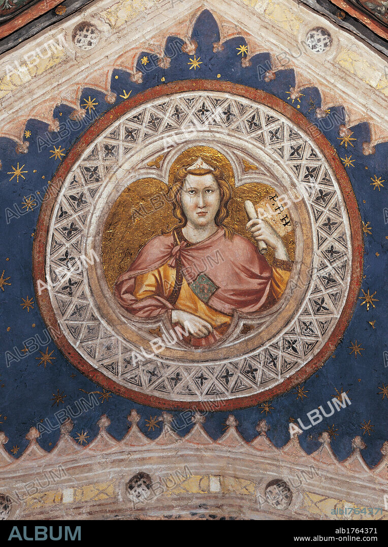 Tondo with Prophet, by Jacopo Avanzi, 1372-1379 about, 14th Century, fresco,. Italy, Veneto, Padua, SantAntonio di Padova Basilica, San Giacomo Chapel. All. After the restoration. Tondo with figure of Prophet.