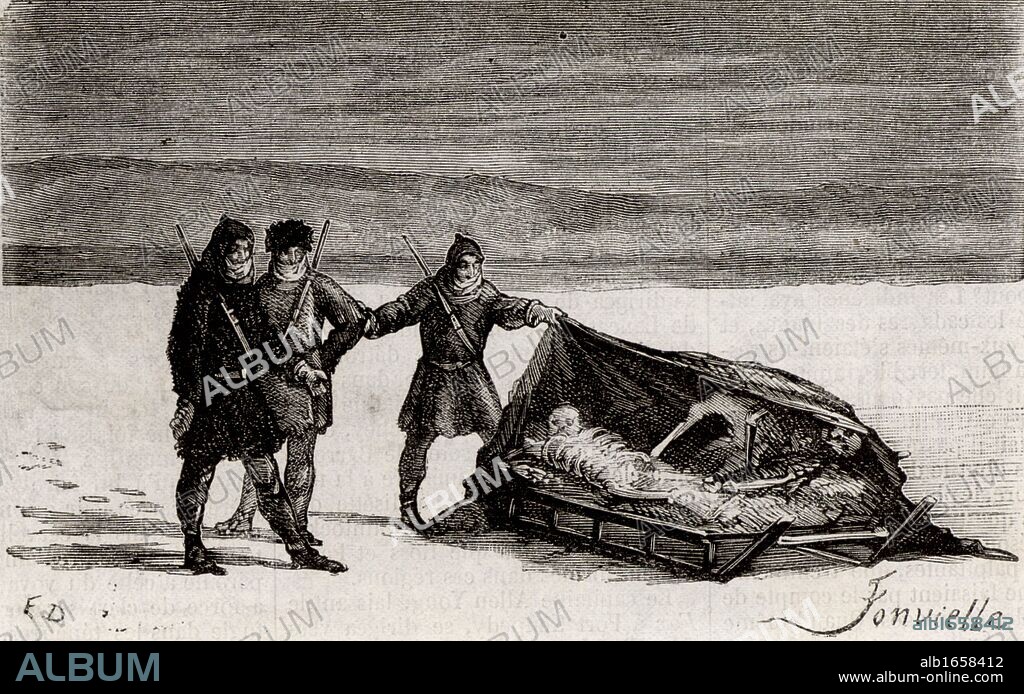 Sir John Franklin (1786-1847) British naval officer and arctic explorer commanded the 1845 expedition of the ships 'Erebus' and 'Terror' to search for the North West Passage. All members of the expedition perished. Here the remains of two of them have been found by members of the Franklin Search Expedition of 1857, led by Francis Leopold McClintock (1819-1907) in command of the 'Fox'. Engraving from "Le Voleur" (Paris, 4 May 1877). (Photo by: Universal History Archive/UIG via Getty Images).