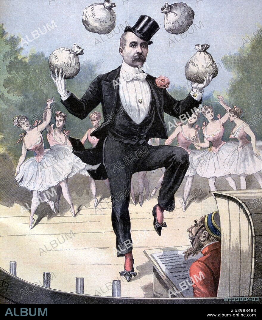 Georges Clemenceau juggling bags of English money, 1893. Scandal over funding of the Panama Canal; accused of falsely taking money to work for British interest. A print from the Le Petit Journal, 19th August 1893.