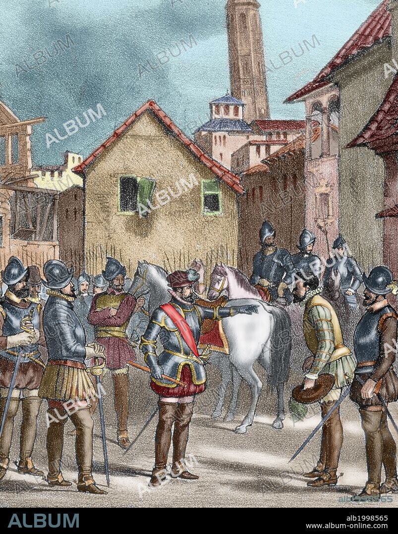 Spain. Aragon. Reign of Philip II. Alterations of Aragon. Entry of Castilian royal troops in Zaragoza (October 1591) that ended the Aragonese uprising. Colored Engraving. 19th century.