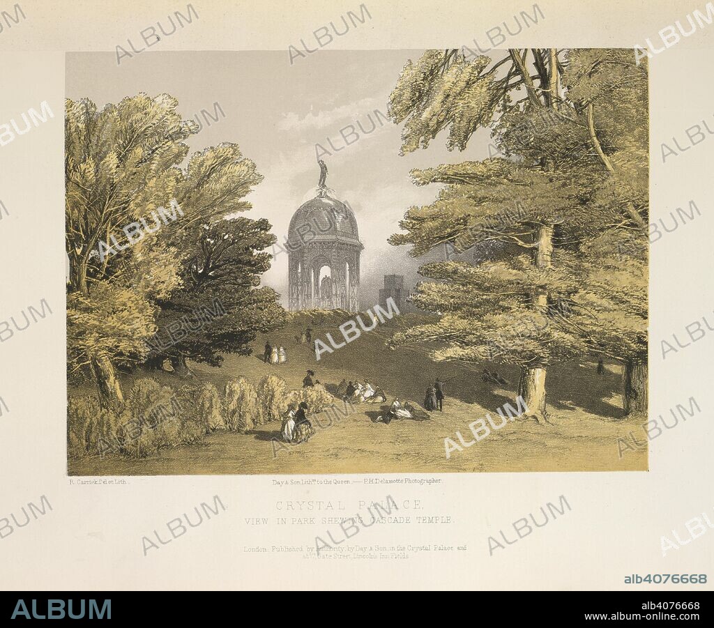 ROBERT CARRICK and SIR MATTHEW DIGBY WYATT. Crystal Palace. Views of the Crystal Palace and Park, Sydenham. Fr. London, 1854. Crystal Palace. View in park showing Cascade Temple.  Image taken from Views of the Crystal Palace and Park, Sydenham. From drawings by eminent artists, and photographs by P. H. Delamotte. With a titlepage and literary notices by M. D. W. First series.  Originally published/produced in London, 1854. . Source: 1266.k.26, plate xx. Language: English.