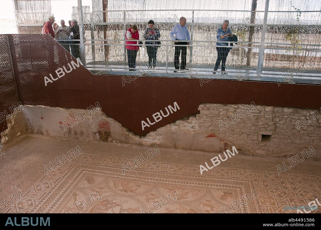 Roman Iberian city of Castulo, Mosaic of the loves and tourists, Linares, Jaen province, Region of Andalusia, Spain, Europe.