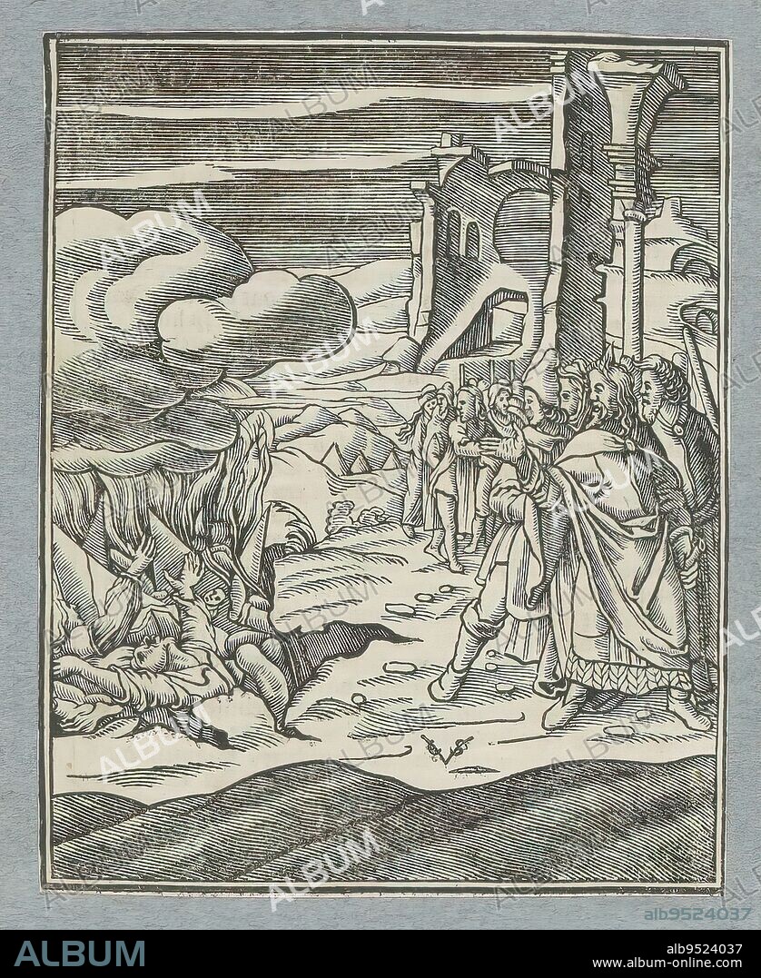 Korah, Datan and Abiram and their families are swallowed up by the earth, Korah, Datan and Abiram and their families rebel against Moses and Aaron in the desert. God punishes them. Datan, Abiram and their families and possessions are swallowed up by the earth. In the back right a ruin. The print is part of an album., print maker: Christoffel van Sichem (II), (mentioned on object), print maker: Christoffel van Sichem (III), (mentioned on object), publisher: Pieter Jacobsz. Paets, Amsterdam, 1645 - 1646, paper, letterpress printing, height 108 mm × width 86 mm.