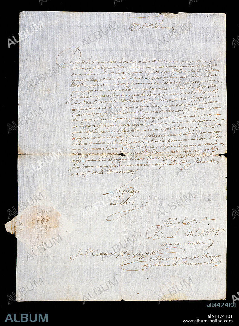 PAU CLARIS I CASADEMUNT (Barcelona, 1586-1641). Político y eclesiástico catalán. Presidente de la Generalitat de Cataluña entre 1638 y 1641. CARTA DE PAU CLARIS AL VIRREY DE CATALUÑA, DALMAU DE QUERALT. Fechada en Barcelona en el año 1639.
