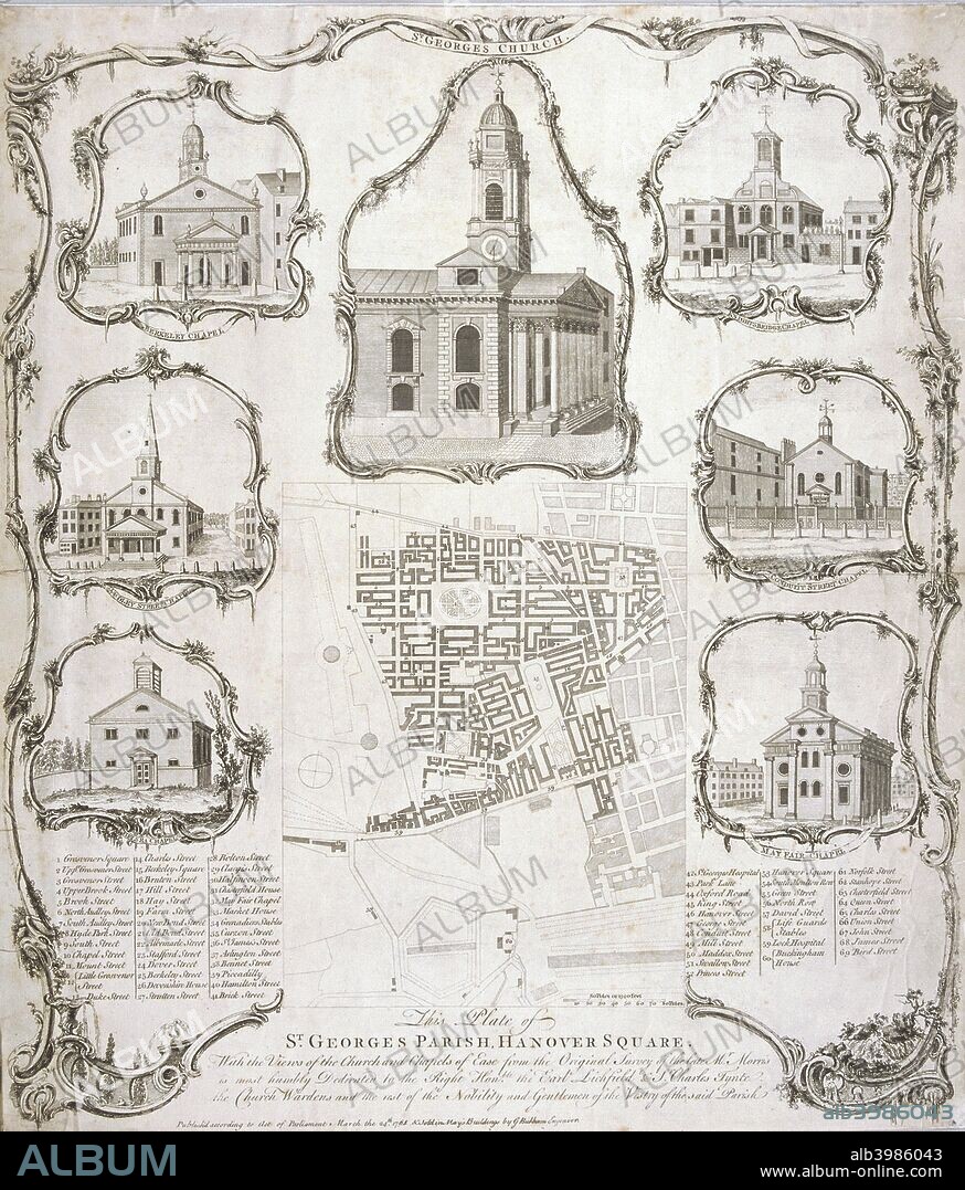 Map of the parish of St George Hanover Square in the City of Westminster, London, 1761. Surmounted by an image of the church and flanked by chapels of ease in the margins. The chapels of ease depicted are Berkeley Chapel, Audley Street Chapel, Chelsea Chapel, Knightsbridge Chapel, Conduit Street Chapel and Mayfair Chapel.