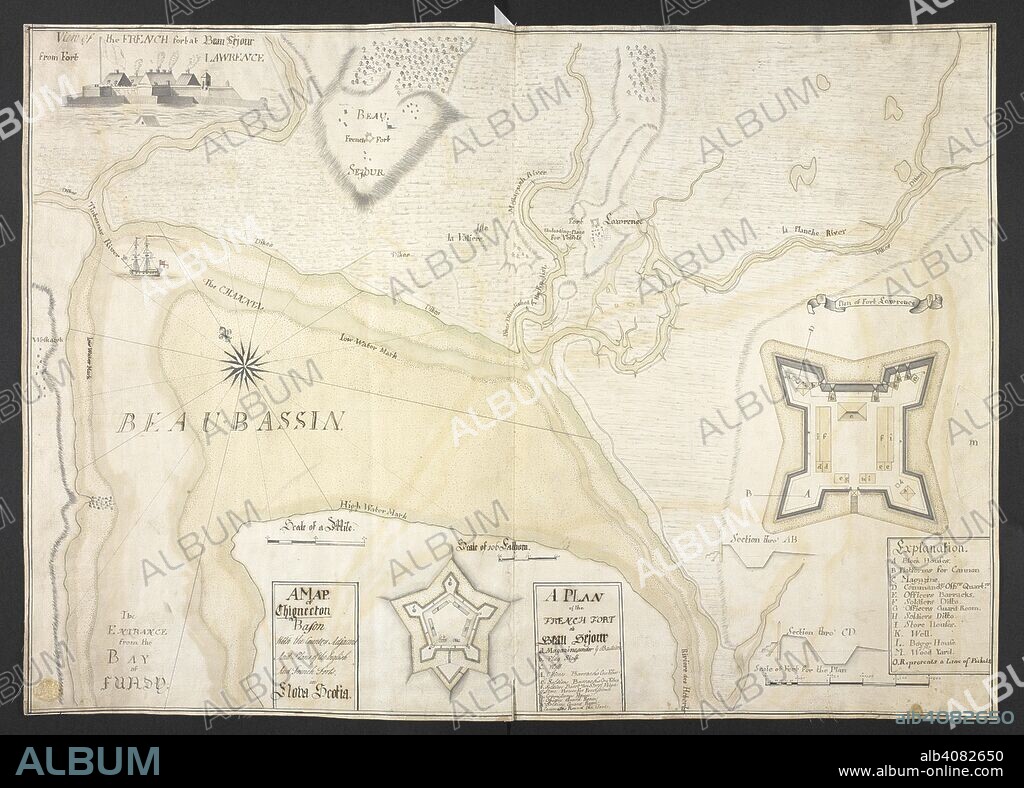CHARLES COLLINS. An English produced manuscript map of the isthmus of Chignectou with inset plans of Fort BeausÃ©jour (later Fort Cumberland) and Fort Lawrence, and an inset view of of Fort BeausÃ©jour. A MAP. of Chignectou Bason With the Country Adjacent And Plans of the English And French Forts in Nova Scotia. [Fort Lawrence?] : Charles Husband Colins, Sept. 1754. Source: Maps K.Top.119.65. Language: English.