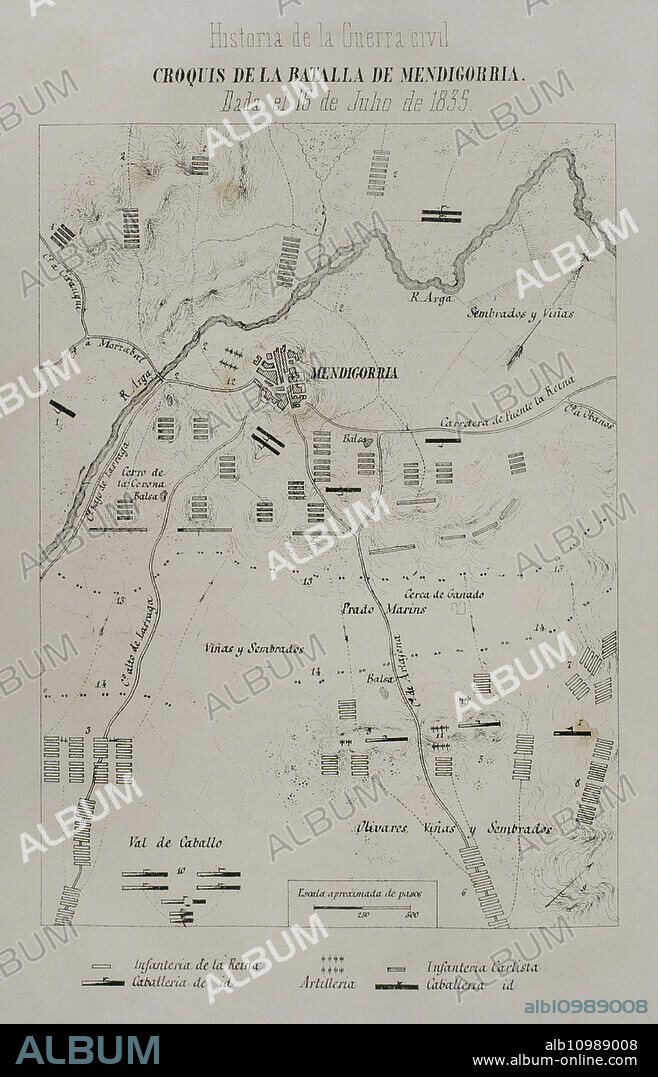 Historia de España. Primera Guerra Carlista (1833-1840). Croquis de la batalla de Mendigorría (Navarra). Tuvo lugar el 16 de julio de 1835. Las tropas liberales al mando del general Luis Fernández de Córdova se impusieron al ejército carlista, liderado por el general Vicente González Moreno, que contaba con casi toda la armada de Don Carlos. Grabado. "Historia de la guerra civil y de los partidos liberal y carlista", por Antonio Pirala. Tomo II. Madrid, 1868.