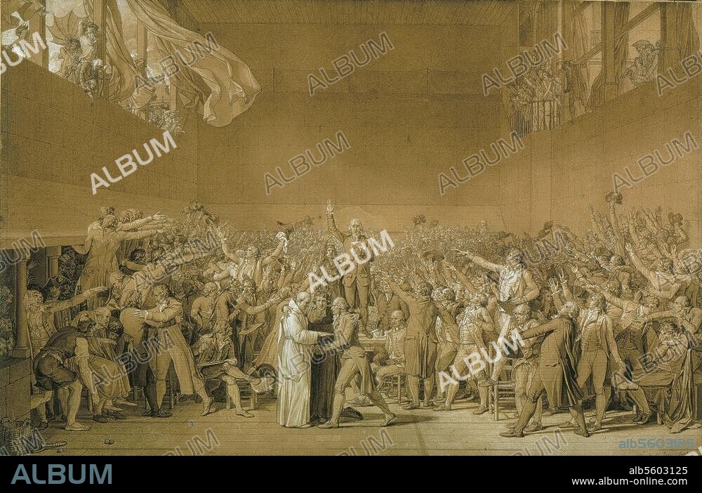 JACQUES LOUIS DAVID. Französische Revolution:. Ballhausschwur in Versailles am 20. Juni. 1789. "Le Serment du Jeu-de-Paume.". Zeichnung, 1791, von Jacques-Louis David. (1748-1825). Feder, mit Bister laviert, weiß gehöht, 65 × 105 cm. (Als Leihgabe im Musee de Versailles). Paris, Musée du Louvre.