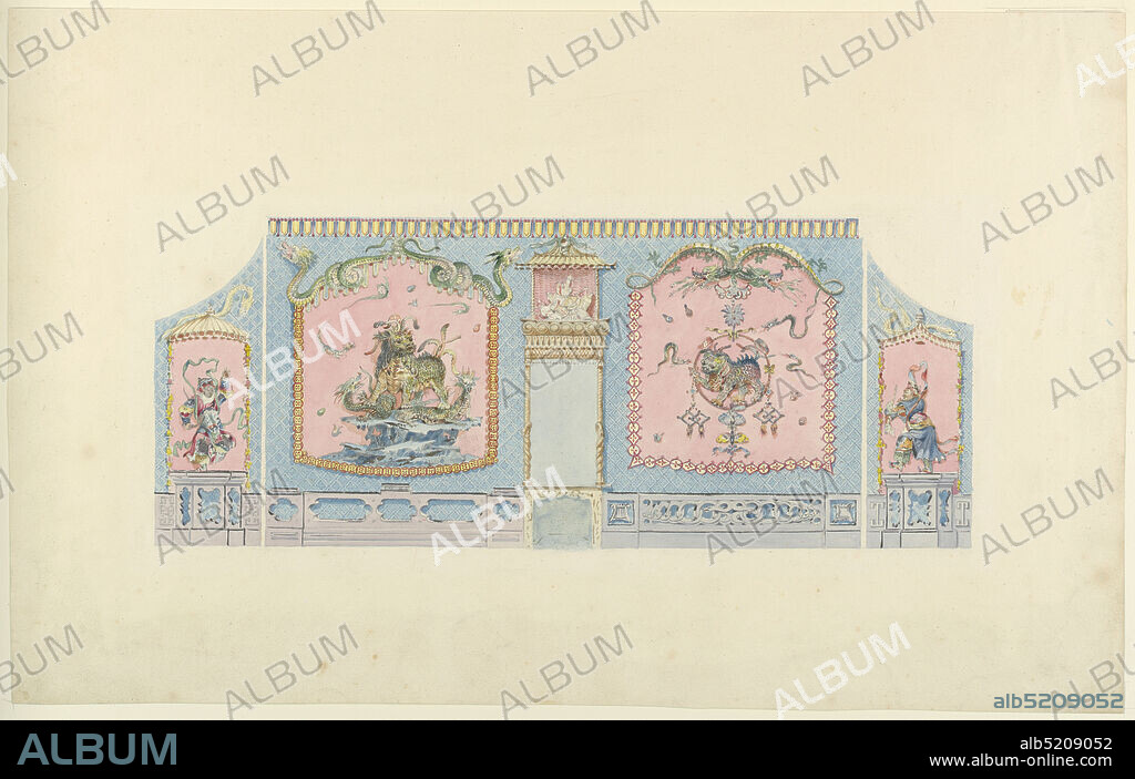 Proposed Design for the West Wall of the Music Room, Royal Pavilion, Brighton, Frederick Crace, English, 17791859, Watercolor over graphite on white wove paper, Elevation of the west wall with two large wall-paintings flanking the fireplace. The panel to the left has as its central subject a lion trampling two dragon-serpents, while the frame above is composed of two coiled serpents. The panel to the right is made up of ornamental motifs with a lion at center. Within narrow painted panels to the far left and far right are figures of devil-dancers., Original album associated with this collection still exists. See 1948-40-1 accessory, ca. 1817, interiors, Drawing, Drawing.