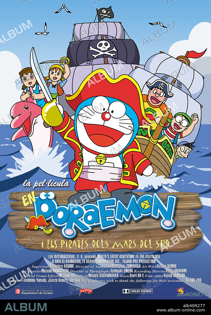 Poster de DORAEMON Y LOS PIRATAS DE LOS MARES DEL SUR, 1998 (DORAEMON: NOBITA NO NANKAI DAIBOKEN), dirigida por TSUTOMU SHIBAYAMA. Copyright ASATSU/FUJIKO PRODUCTIONS/SHIN EI ANIMATION/SHOGAKUKAN.