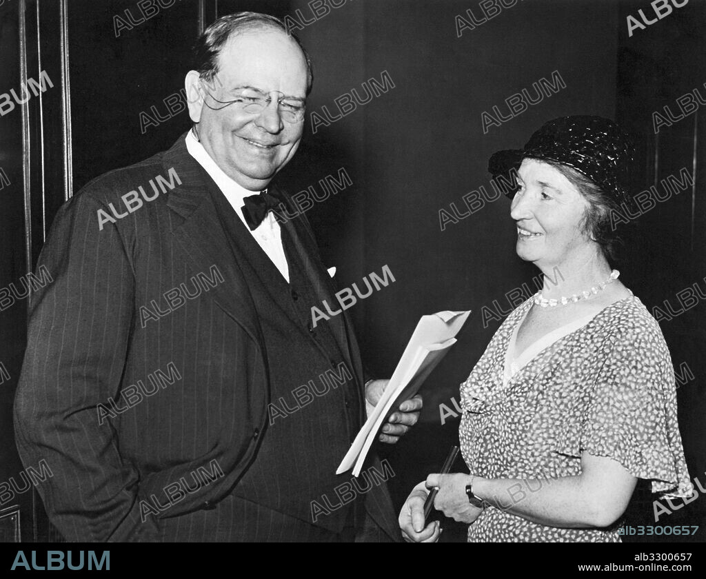Washington, D.C.:  May 12, 1932.West Virginia Senator Henry Hatfield, a former physician, has introdiced a bill legalizing the transportation and distribution of birth control material and information by licensed physicians. He is photographed with Mrs. Margaret Sanger, internationally known birth control advocate who spoke on behalf of the bill before a subcommittee of the Senate Judiciaey Committee.