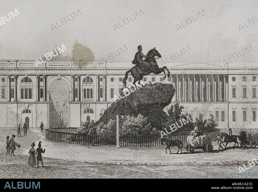 Russia, Saint Petersburg. Bronze Horseman. Equestrian statue of Peter the Great in the Senate Square. Monument to the founder of St Petersburg by order of the Empress Catherine the Great. Engraving by Lemaitre, Danvin and Cholet. History of Russia by Jean Marie Chopin (1796-1870). Panorama Universal, Spanish edition, 1839.