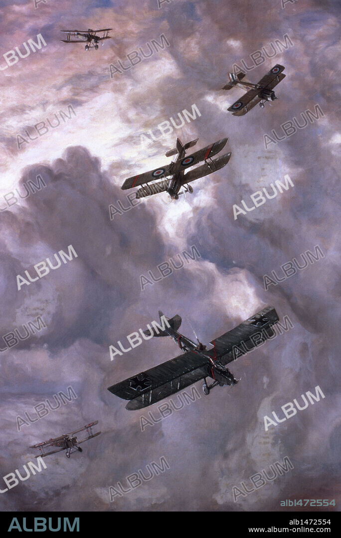 GEORGE HORACE DAVIS. PRIMERA GUERRA MUNDIAL (1914-1918). "BATALLA AEREA ENTRE AVIONES DE CAZA FRANCESES (modelo Nieuport 17) Y UN CAZA ALEMAN (modelo Albatros D-III) ".