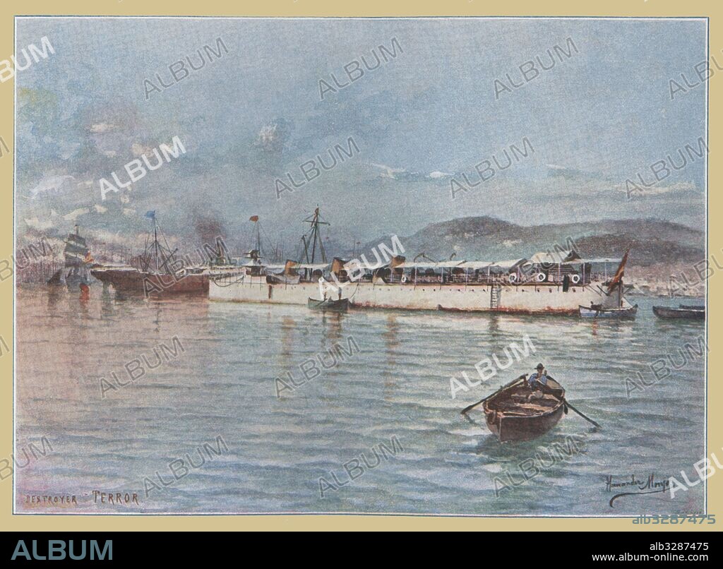 FRANCISCO HERNÁNDEZ MONJO. España. La Armada española. Destroyer Terror. Acuarela. Fotocromograbado de 1900.