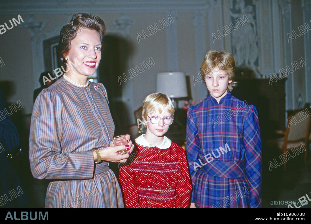 Princess Benedikte of Denmark, wife of Richard Prince zu Sayn-Wittgenstein-Berleburg with the daughters Alexandra and Nathalie at Berleburg castle, Germany 1984.