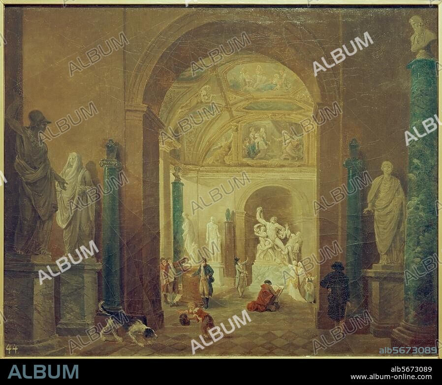 Paris (Frankreich), Louvre (Schloß der franz. Könige; seit 1793 Museum). "Der Laokoon-Saal im Louvre". (Innenansicht mit den in Italien geraubten Kunstwerken). Gemälde, vor 1806, von Hubert Robert (1733-1808). Öl auf Leinwand, 64,5 × 80,5 cm. Inv. Nr. CCh-1781-III. Pawlowsk, Großer Palast.