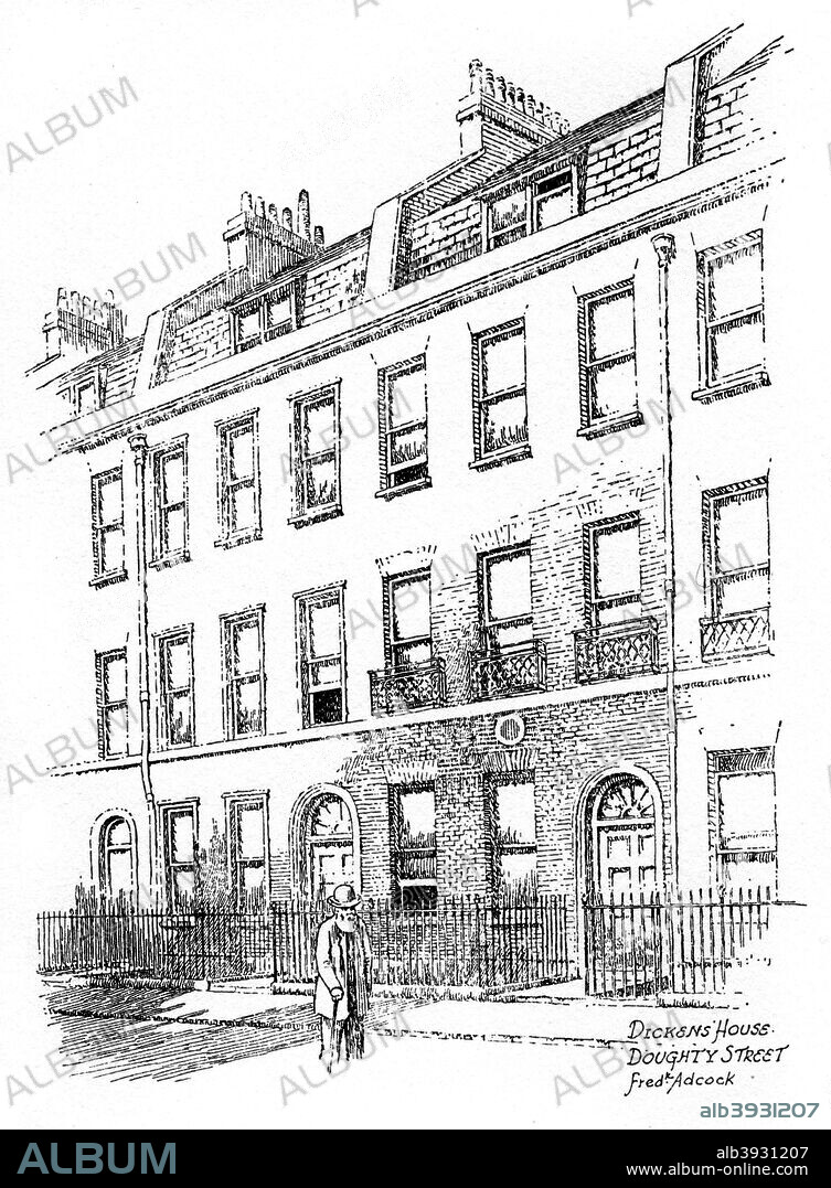 Dickens' house, 48 Doughty Street, London, 1912. The home of English author Dickens (1812-1870) is now the Charles Dickens Museum. Illustration from Famous Houses and Literary Shrines of London, by John Adcock, (J M Dent and Sons, London, New York, 1912).