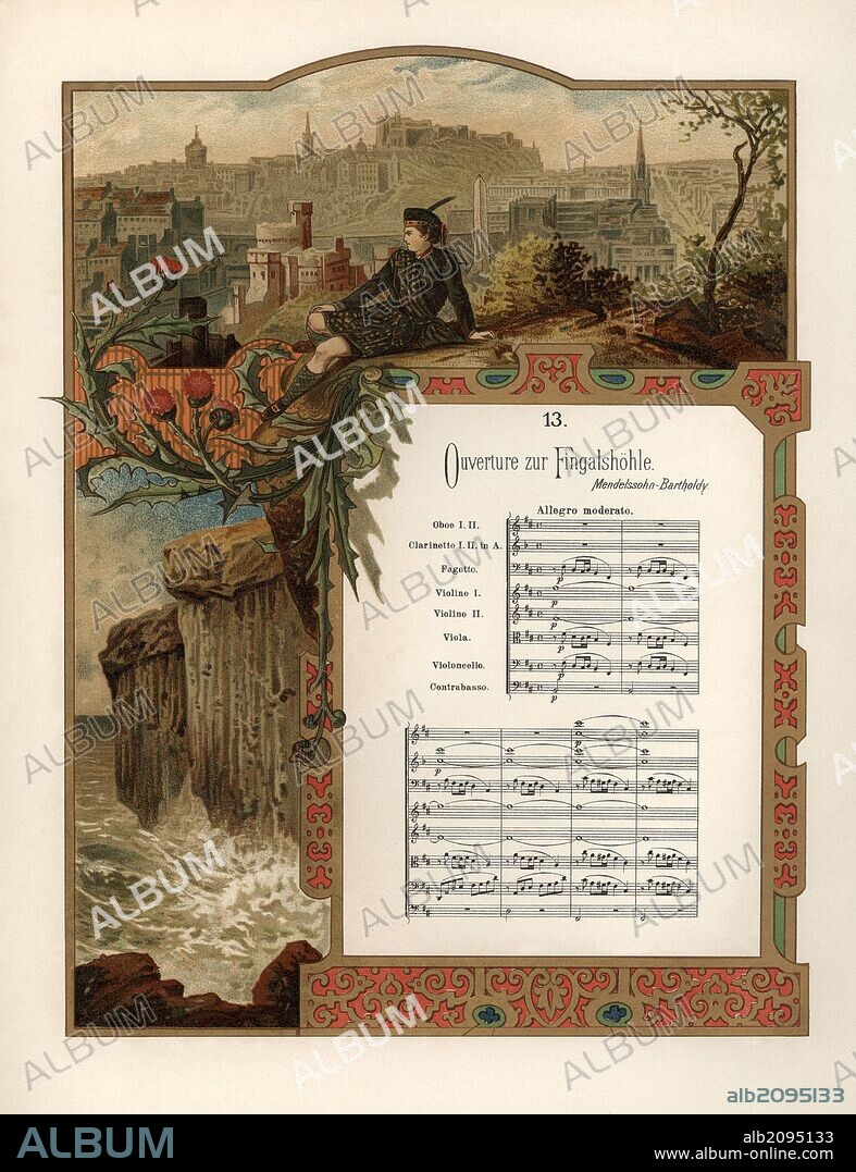 Litografia a color de la partitura de Ouverture zur Fingalshöhle (Obertura de la Cueva de Fingal), de MENDELSSOHN-BARTHOLDY. Publicada en Leipzig en 1885.