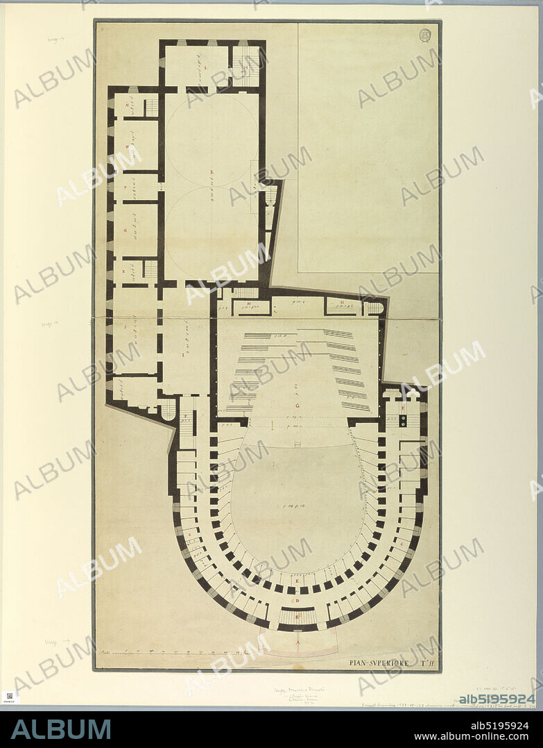 Competition Design for La Fenice, Venice: Plan of Upper Floor of the Theater, Pen and black ink, brush and gray wash, watercolor, graphite on two sheets of white laid paper joined at center, laid down on blue paper with added border of blue paper, Plan of upper floor of theatre with horseshoe shaped section at bottom of image., Venice, Italy, 1788, architecture, Drawing, Drawing.