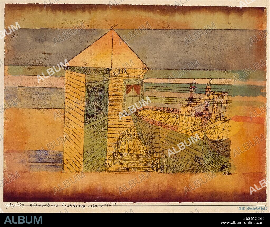Miraculous Landing, or the "112!". Artist: Paul Klee (German (born Switzerland), Münchenbuchsee 1879-1940 Muralto-Locarno). Dimensions: 12 1/4 in. × 15 in. (31.1 × 38.1 cm). Date: 1920.
In 1918, Klee evoked the following image in his diary: "The storm on the wheat field was captivating; I'll paint a ship sailing on waves of rye." Klee never painted that picture, but this one seems just as miraculous. A boat of the type of Noah's Ark-the "112"-is moored to a boathouse. The face of the girl in the left window is expressionless; her eyes are closed. Perhaps this "miraculous landing" exists only in her imagination.