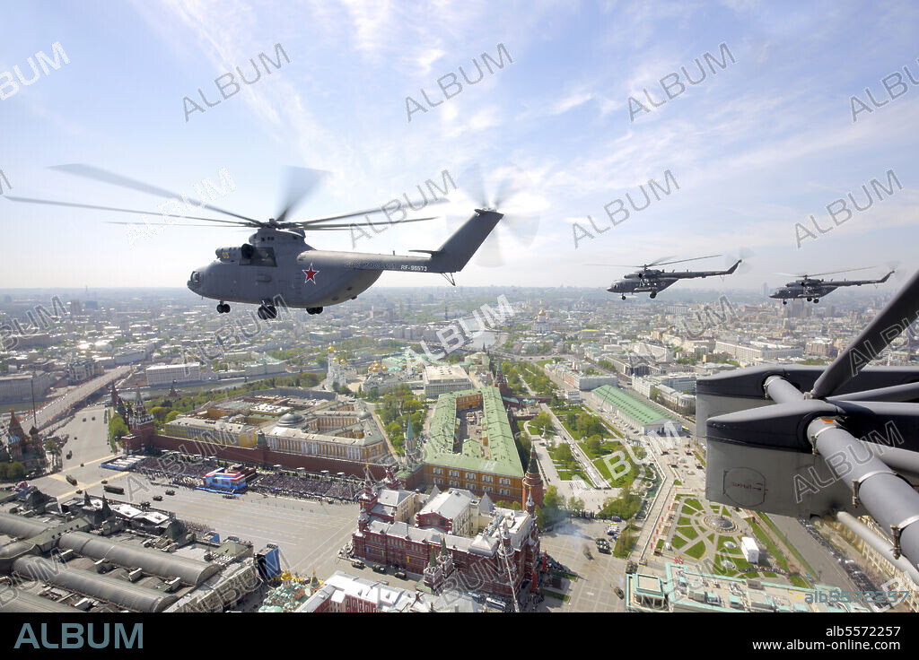 Mil Mi-26 transport helicopters of the Russian Air Force during Victory Day parade, Moscow, Russia.