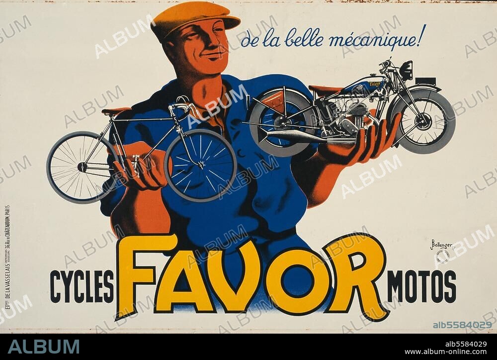 Verkehr:. Motorrad. - "de la belle mecanique!" (Werbung für Motor- und Fahrräder der französischen Firma "Cycles Favor Motos".) - Palkat, 1937. (Entwurf P.J. Bellenger). Druck: Vasselais Imprimeurs, Editeurs, Paris.