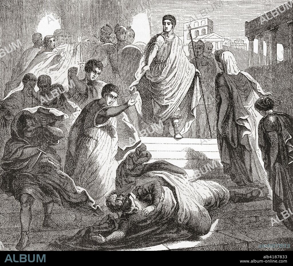 The murder of Servius Tullius by his son-in-law Lucius Tarquinius, 535 BC.  Servius Tullius, legendary sixth king of Rome who reigned 575-535 BC.  From Ward and Lock's Illustrated History of the World, published c.1882.