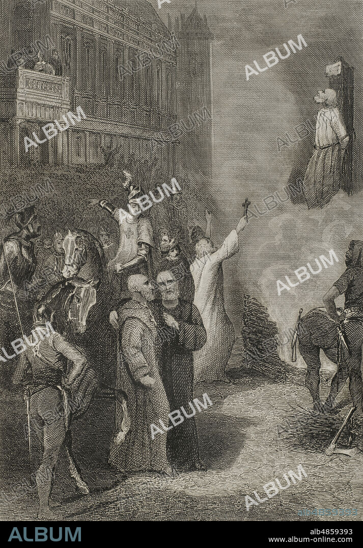 Arnaldo de Brescia (h. 1090-1155). Canónigo regular lombardo. Pidió a la Iglesia renunciar a la propiedad privada y participó en la Comuna de Roma de 1144-1193, libre de autoridad papal, convirtiéndose en el líder espiritual del movimiento comunal. Este hecho provocó que el papa Eugenio III le excomulgara en 1148. Tras la muerte del papa Eugenio, el papa Adriano IV actuó rápidamente para recuperar el control de Roma. Se alió con Federico Barbarroja, quien tomó Roma por la fuerza en 1155 tras un interdicto de Semana Santa y obligó a Arnaldo a exiliarse de nuevo. Arnaldo fue capturado por las fuerzas imperiales y juzgado por la Curia romana como rebelde. Ante la hoguera, se negó a retractarse de ninguna de sus ideas. Arnaldo fue ahorcado, sus restos quemados en la hoguera y sus cenizas arrojadas al río Tíber. Grabado. Historia de las persecuciones políticas y religiosas en Europa. Tomo I. Editado en Barcelona, 1863.