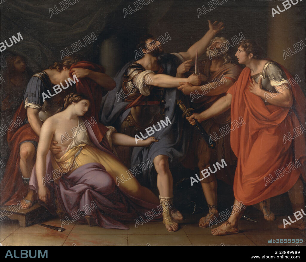 GAVIN HAMILTON. The Death of Lucretia. Date/Period: 1763 to 1767. Painting. Oil on canvas. Height: 2,134 mm (84.01 in); Width: 2,642 mm (104.01 in).