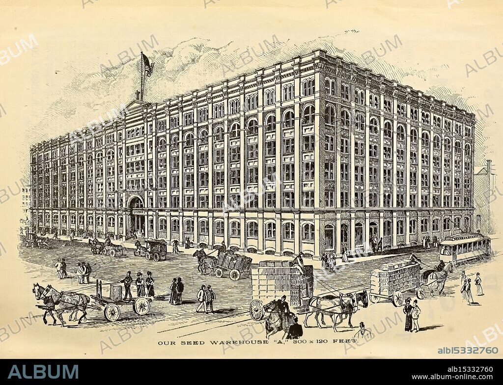 Seed annual, Detroit, Mich, D.M. Ferry & Co, 1899, Detroit, Equipment and supplies, Flowers, Gardening, Michigan, Nursery stock, Seed industry and trade, Seeds, Vegetables, Garden stories, Building, Warehouse, In bloom, The scene depicts an expansive warehouse building, showcasing intricate architectural details with large windows and a prominent corner entrance. In the foreground, horse-drawn carriages and workers are busily engaged in unloading and transporting goods. Additional figures can be seen walking, some pausing to interact amidst the bustling activity. The structure is topped with a flag, suggesting it might be a significant establishment in the region. Surrounding the warehouse, cobblestone streets contribute to the historical ambiance, hinting at a lively commercial area in an urban setting. The overall composition conveys a sense of industriousness and community life during a past era.