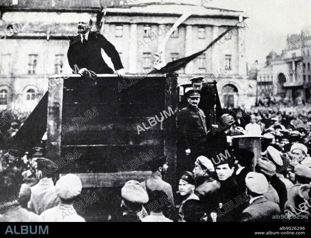Un altered photograph of Vladimir Lenin with Leon Trotsky, in Red Square, Moscow 1918.