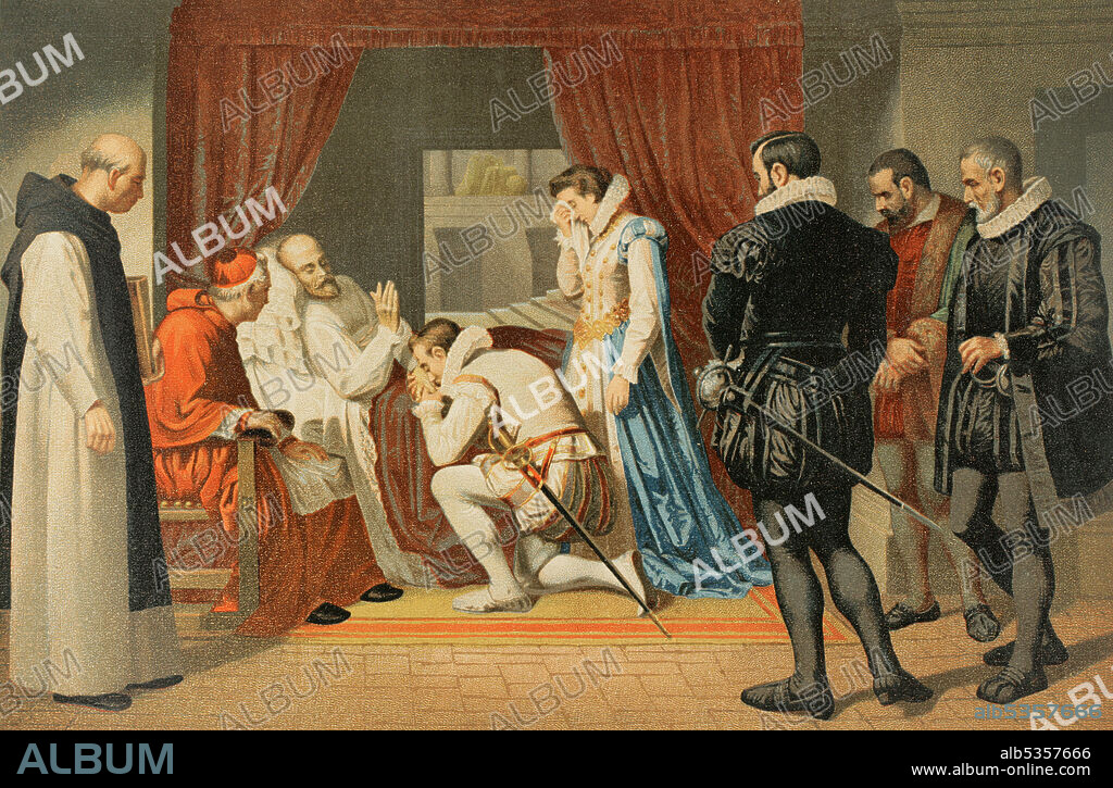 Felipe II (1527-1598). Rey de España entre 1556 y 1598. Ultimos momentos de Felipe II. Falleció el 13 de septiembre de 1598 en el Monasterio de El Escorial. Cromolitografía. Historia General de España, por Miguel Morayta. Tomo IV. Madrid, 1890.