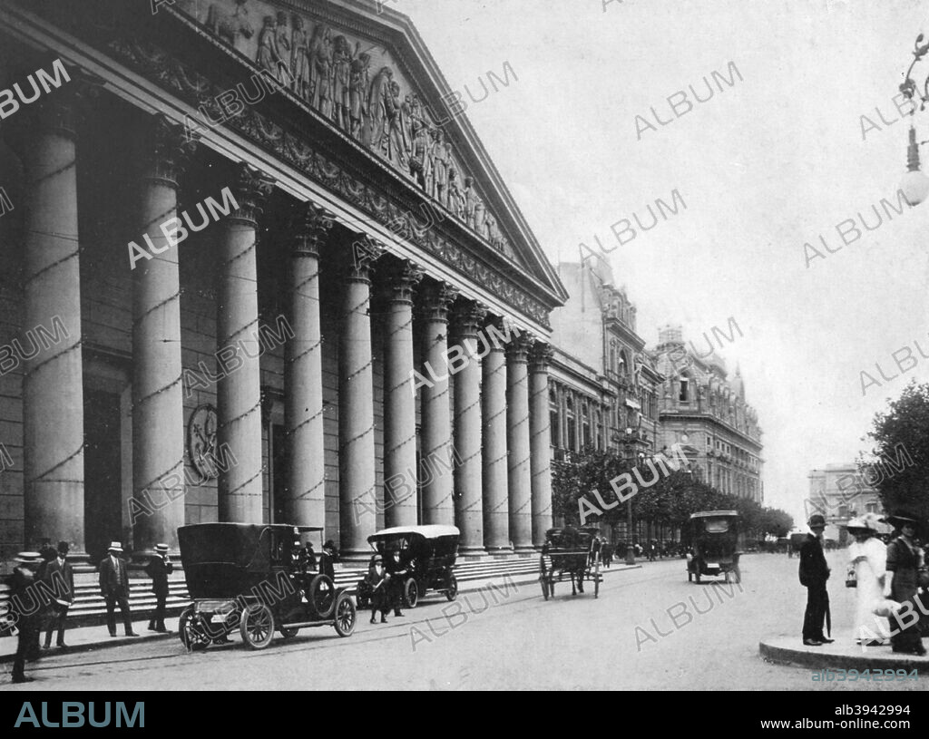 Metropolitan Cathedral, Buenos Aires, Argentina. View of the 19th century neoclassical portico of the cathedral. A print from Buenos Aires, published by Mitchell's Book Store, Cangallo.