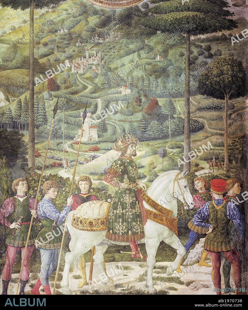 Procession with Giuliano de' Medici, detail from the Procession of the Magi by Benozzo Gozzoli (1420-1497), fresco. Chapel of Palazzo Medici Riccardi, Florence.