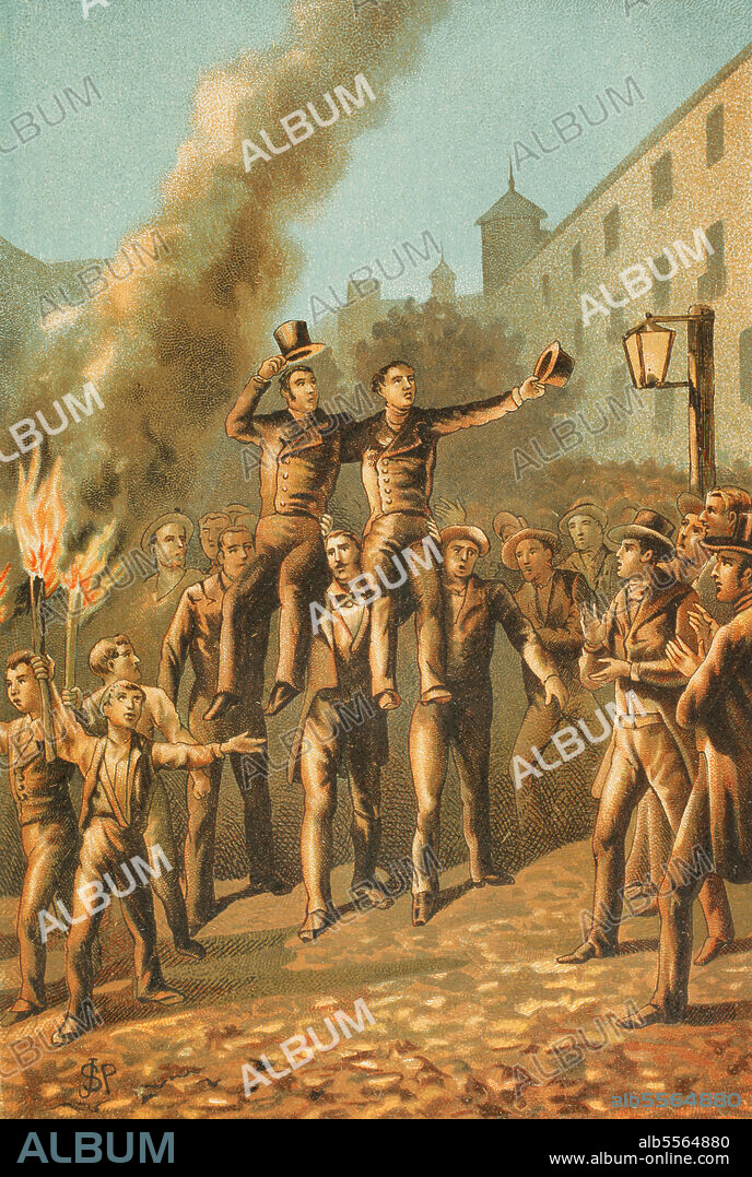 JOAN SERRA PAUSAS (ACTIVE 1861-1902). SPANISH ARTIST.. Historia de España. Trienio Liberal (1820-1823). Primer gobierno liberal del Trienio (abril de 1820). Los diputados liberales de distintas facciones (moderados y radicales) José Canga Argüelles (1771-1842) y Antonio Alcalá Galiano (1789-1865) son llevados en triunfo por el pueblo de Sevilla, tras la finalización de una sesión de Cortes, celebrada en la iglesia del Colegio Jesuita de San Hermenegildo. Ambos políticos habían antepuesto el sentimiento patriótico a su confrontanción partidaria, siendo homenajeados por el pueblo. De este modo contestaba el pueblo revolucionario a las amenazas de la Santa Alianza. Con el avance de los Cien Mil Hijos de San Luis, las Cortes se trasladaron a Sevilla (desde el mes de abril a junio de 1823). Ilustración por Serra Pausas. Cromolitografía. Historia de la Revolución Española (desde la Guerra de la Independencia a la Restauración en Sagunto), por Vicente Blasco Ibáñez. Tomo II. Publicado en Barcelona, 1891.