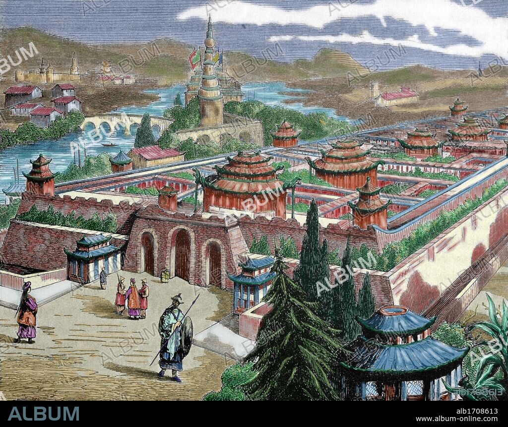 HISTORIA DEL IMPERIO CHINO. PEKIN. Vista del TSU-KIN-TCHING (PALACIO DEL EMPERADOR DE LA CHINA). Grabado coloreado del "Semanario Familiar Pintoresco" por Gerard, 1878.