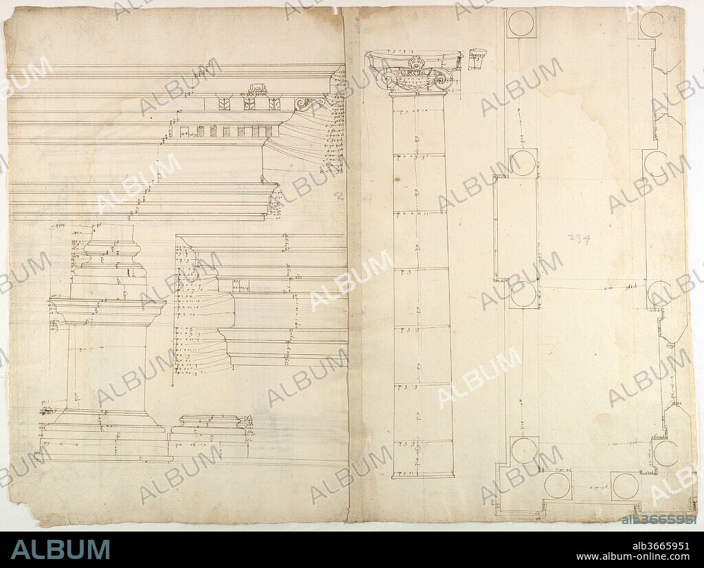 Palazzo dei Conservatori, portico, plan; façade cornice, elevation; minor order, cornice; column, elevation; pedestal, elevation (recto) Palazzo dei Conservatori, portal, elevation; section (verso). Dimensions: sheet: 17 5/16 x 22 15/16 in. (44 x 58.3 cm). Draftsman: Drawn by Anonymous, French, 16th century. Date: early to mid-16th century.