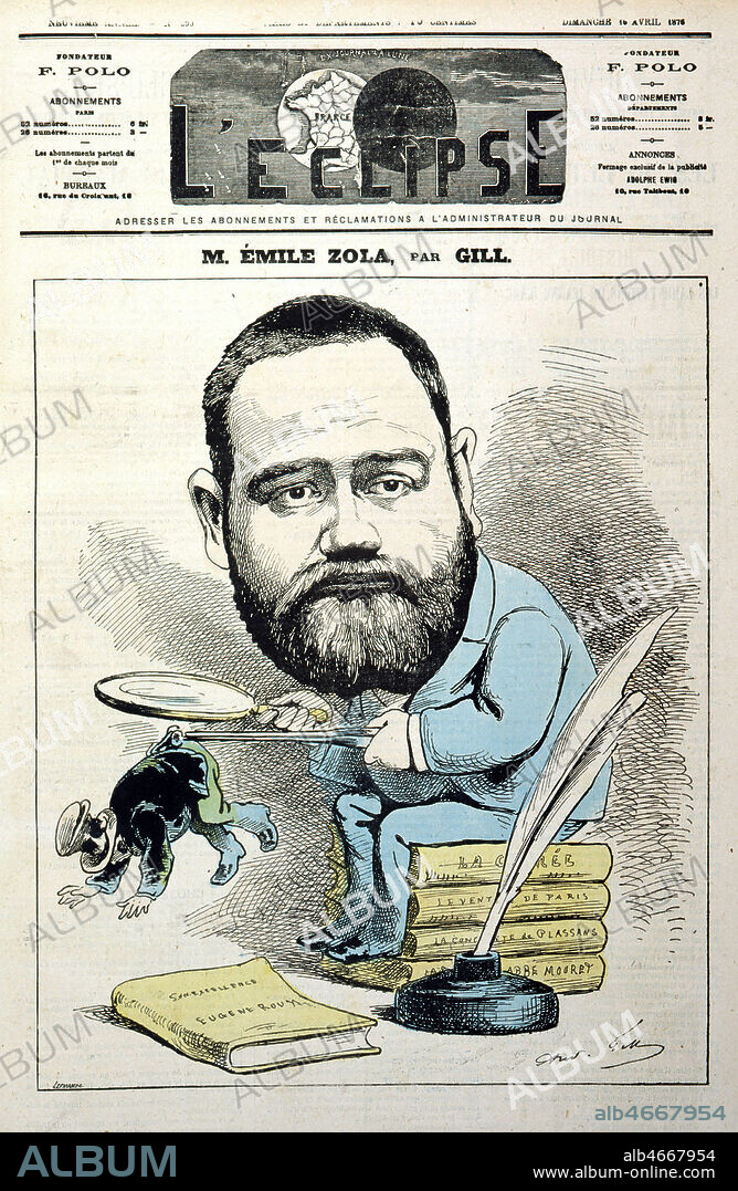 Portrait charge d'Emile ZOLA assis sur une pile de livres et regardant a la loupe un personnage tenu entre des pincettes. Illustration d'Andre GILL (1840-1885) pour L'ECLIPSE 16/04/1876. Document original conserv ds nos locaux. Credit: Collection Kharbine-Tapabor.